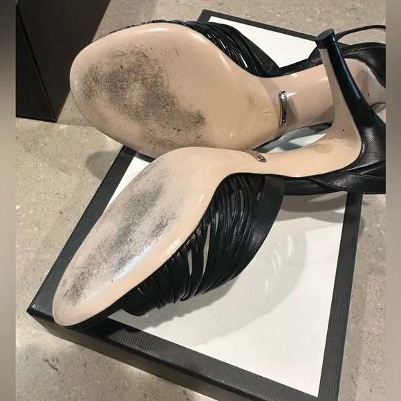 Gucci Nappa Crawford Strap Sandal Heels in Black Size 37.5